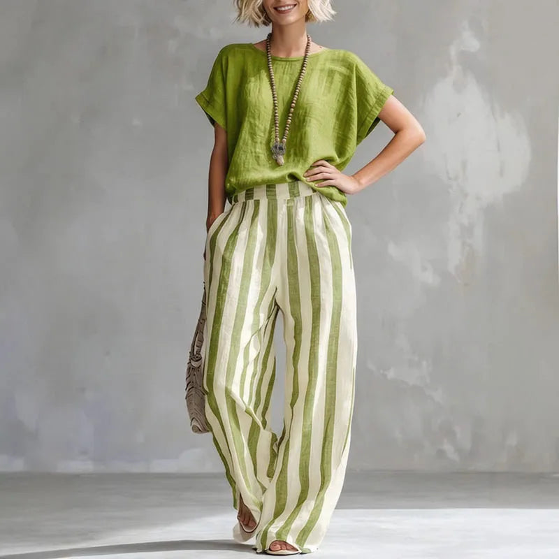 Full shot: Women's relaxed fit striped cotton-linen two-piece summer set, ideal for breathable casual wear.