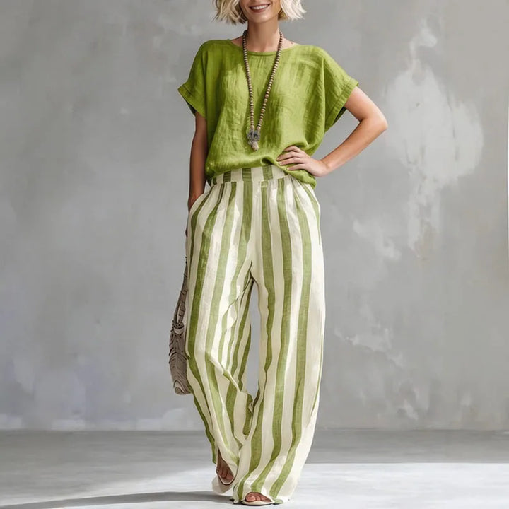 Full shot: Women's relaxed fit striped cotton-linen two-piece summer set, ideal for breathable casual wear.