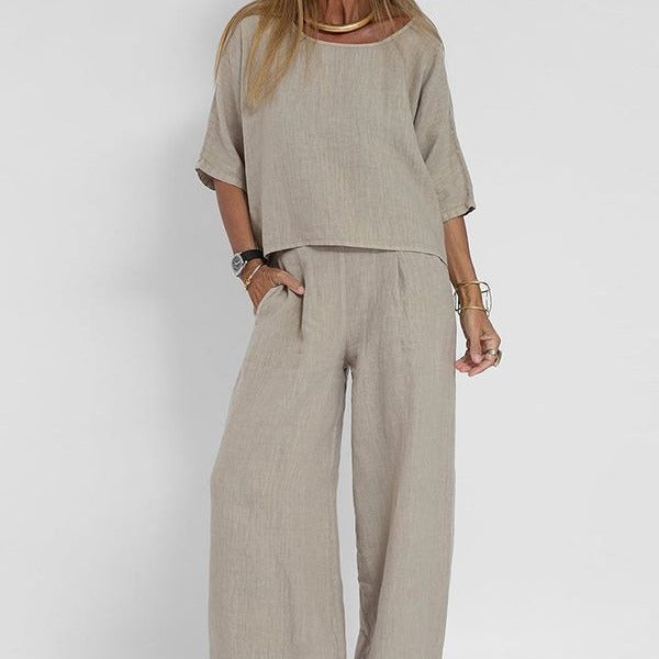 Women's loose fit matching top and wide-leg pant set in a soft, comfortable fabric for casual wear