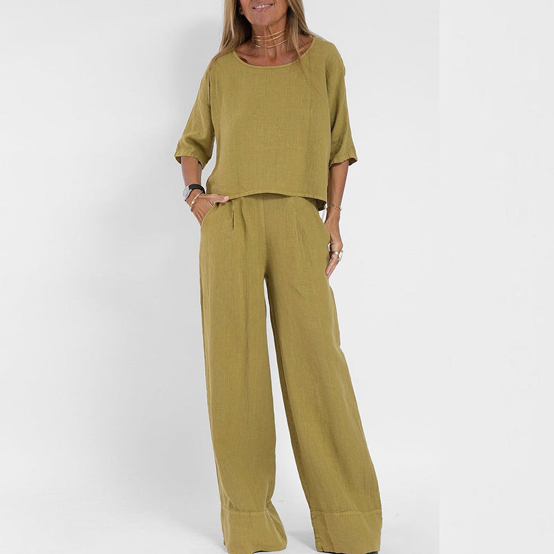 Casual women's fashion outfit: a comfortable loose fit matching top and pant set, ideal for everyday wear