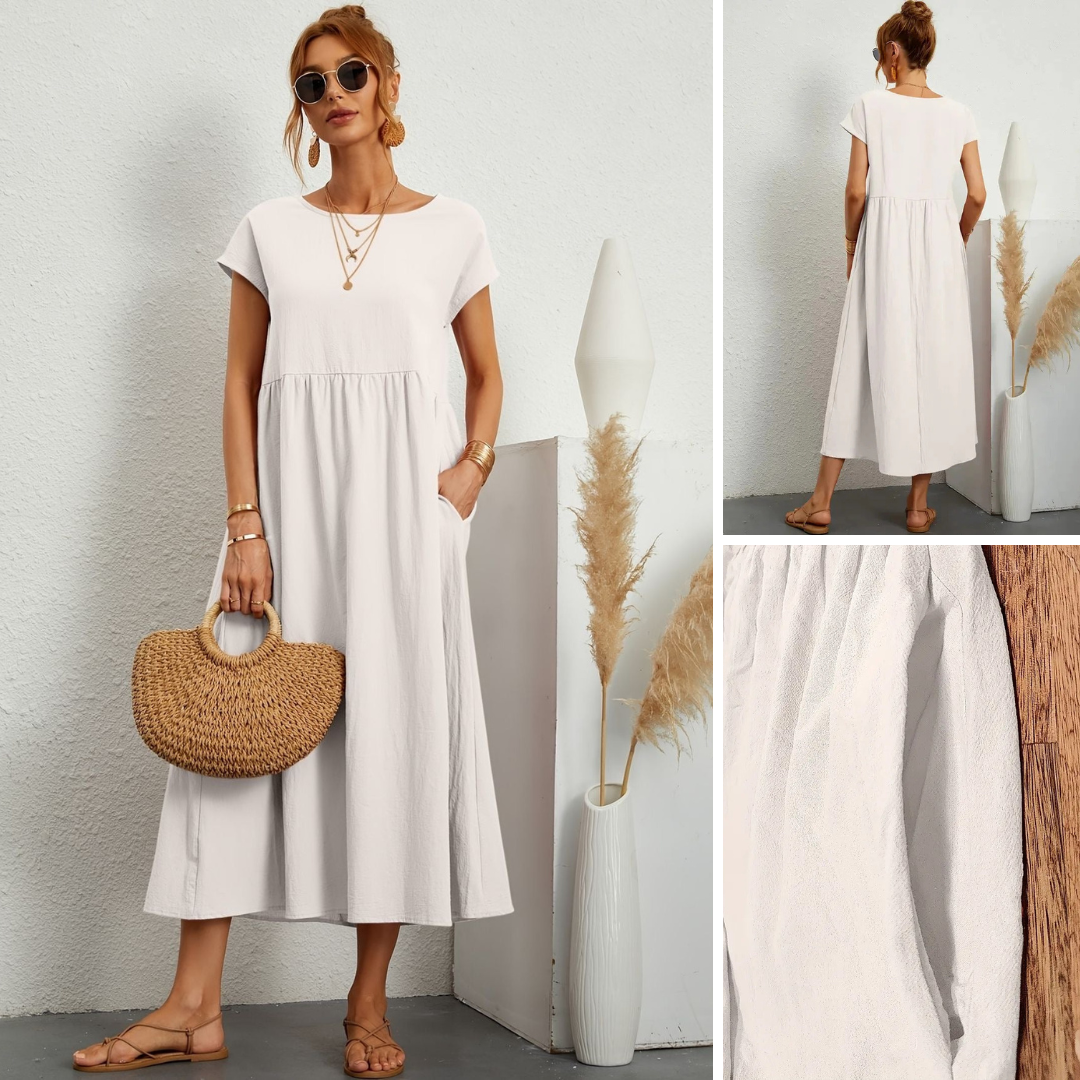 Women's short sleeve loose fit maxi dress, round neck, with handy pockets, great for summer style.
