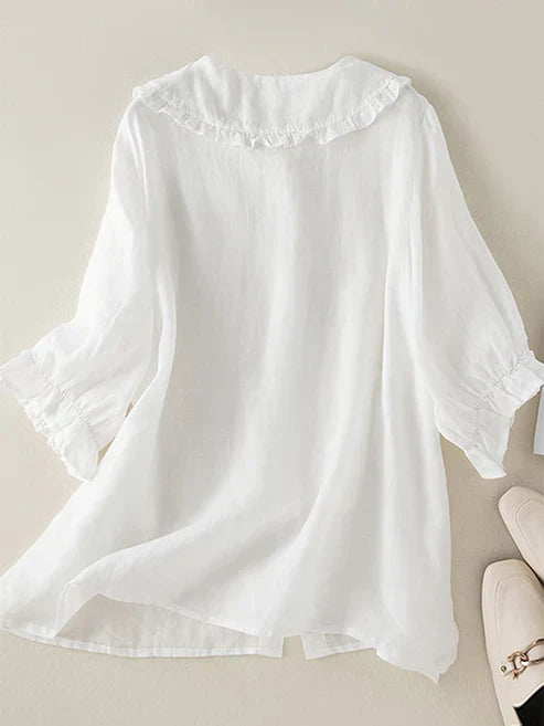 Comfortable women's Peter Pan collar button-down shirt with a loose fit and stylish ruffle neck for versatile wear.