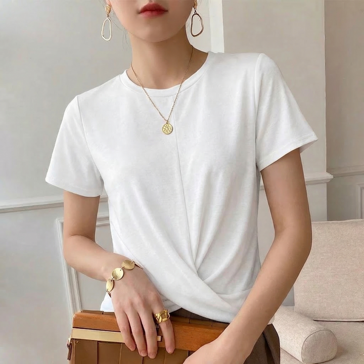 Gray Women's Luna Twist Front Tee, featuring a relaxed fit. Comfortable and stylish short sleeve top for women.