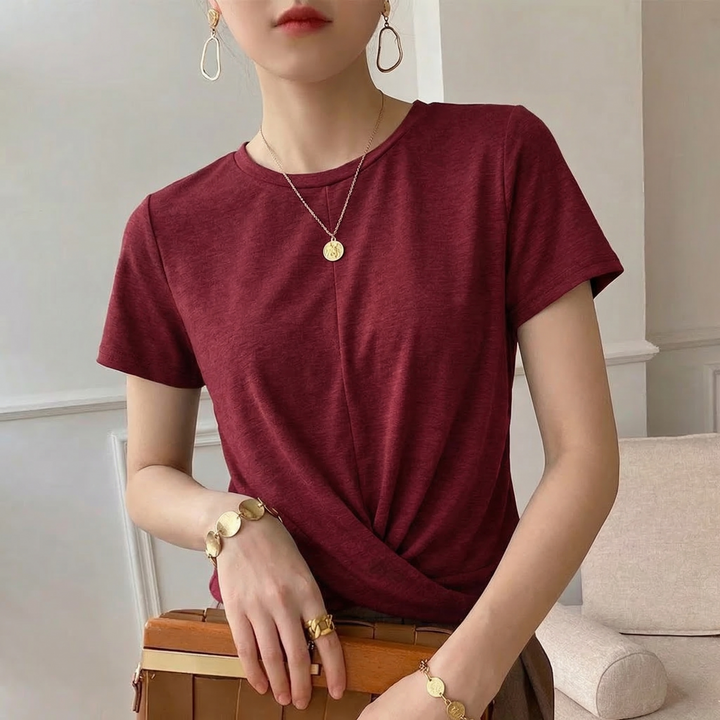 White Women's Luna Twist Front Tee. Casual short sleeve women's top with a unique twist front design.