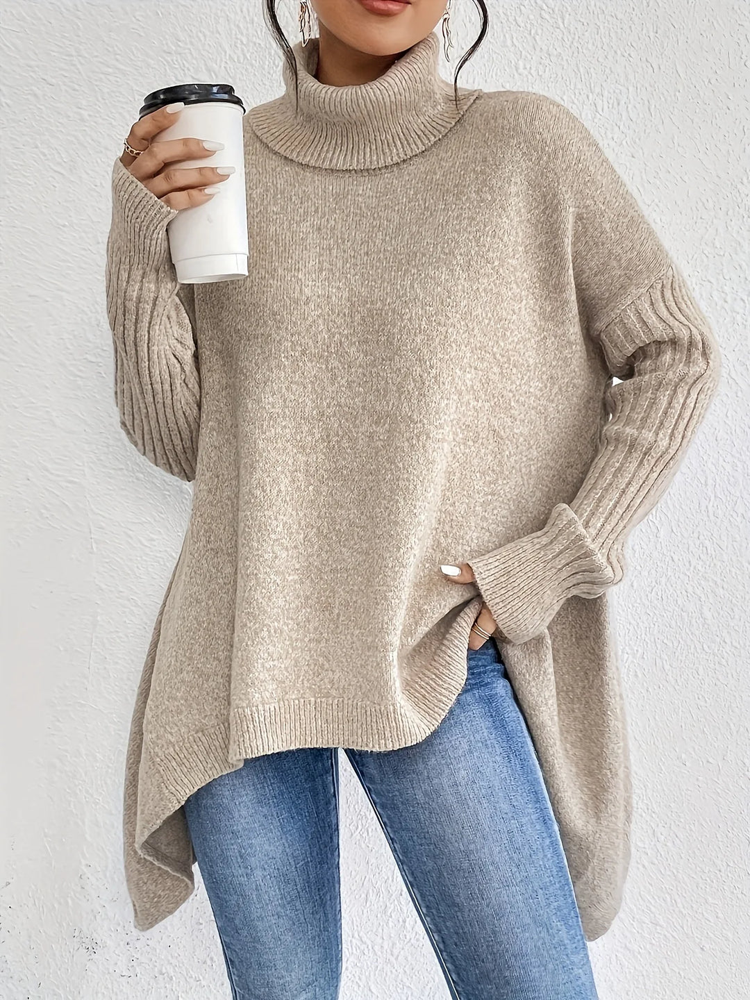 Light brown women's cashmere turtleneck sweater, cozy winter apparel, premium knitwear