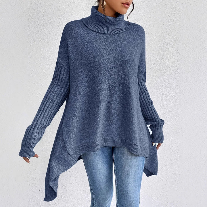 Close-up of a women's cashmere turtleneck sweater texture, showcasing soft luxury knitwear