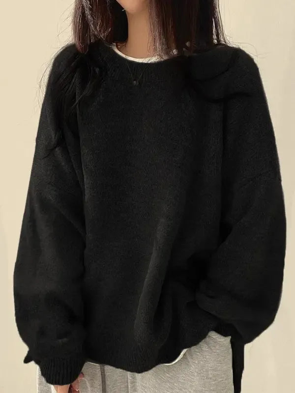 Cozy women's wool blend slouchy sweater, perfect for cold weather, showing relaxed fit and soft texture