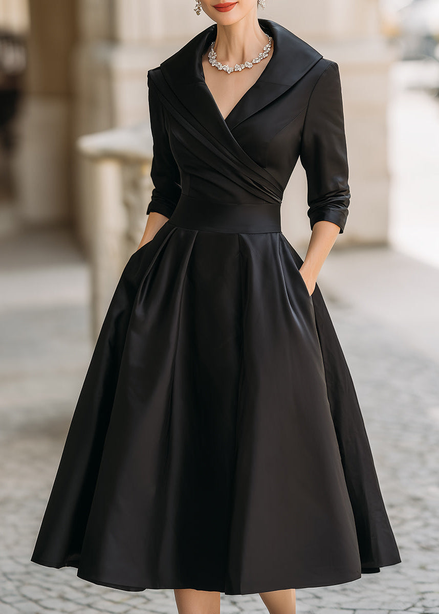 Women's midi dress with elegant draped collar and functional pockets, perfect for special occasions.