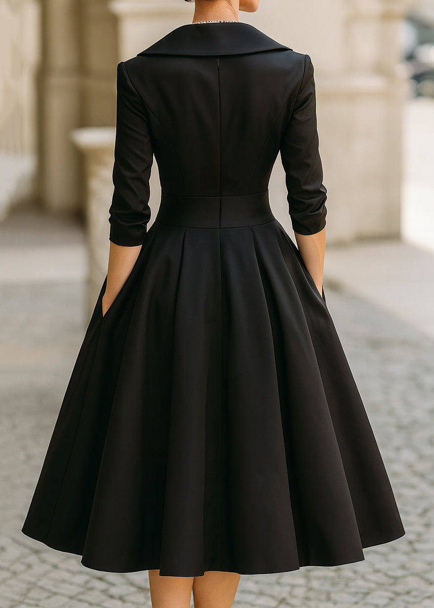 Elegant women's midi dress. Draped collar, A-line, functional pockets. Perfect for formal and party wear.