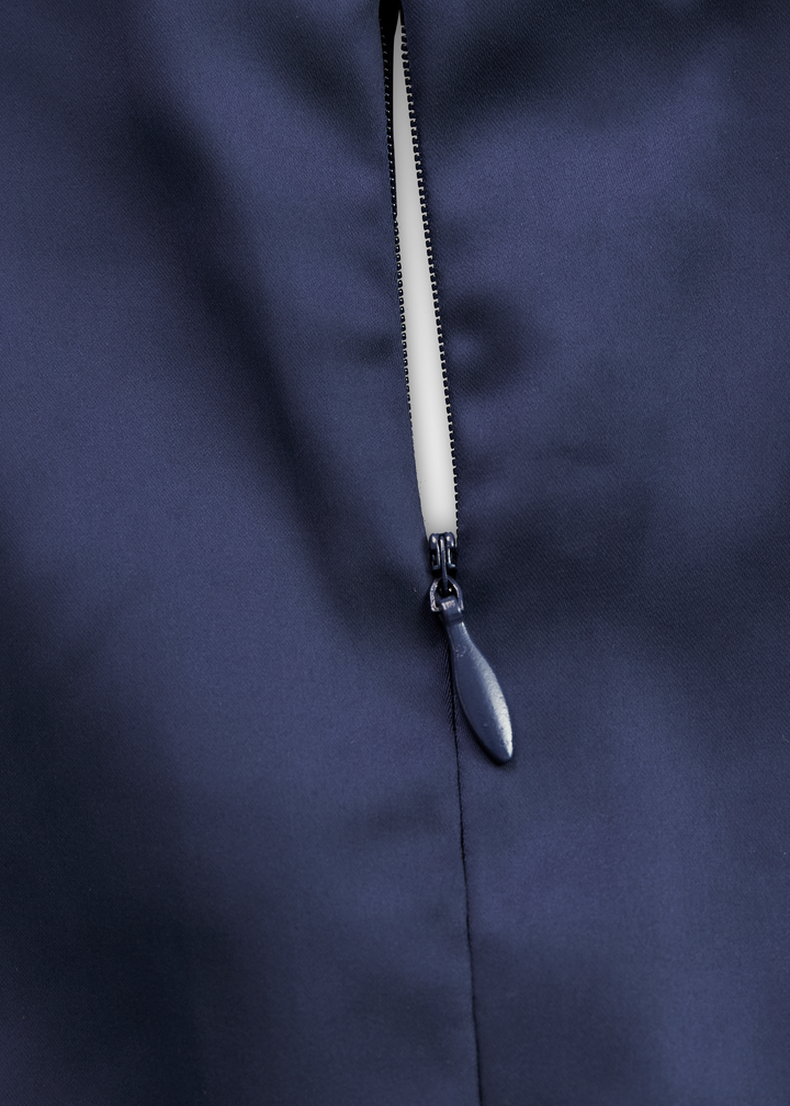 Women's versatile midi dress, elegant draped collar, A-line silhouette, and functional pockets for any event.