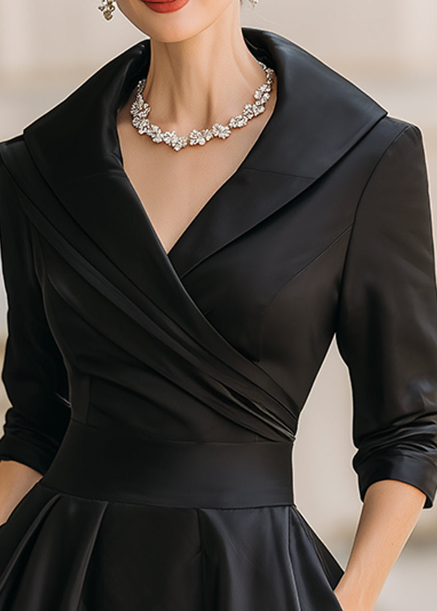 Women's modest midi dress featuring a graceful draped collar, A-line cut, and convenient pockets.