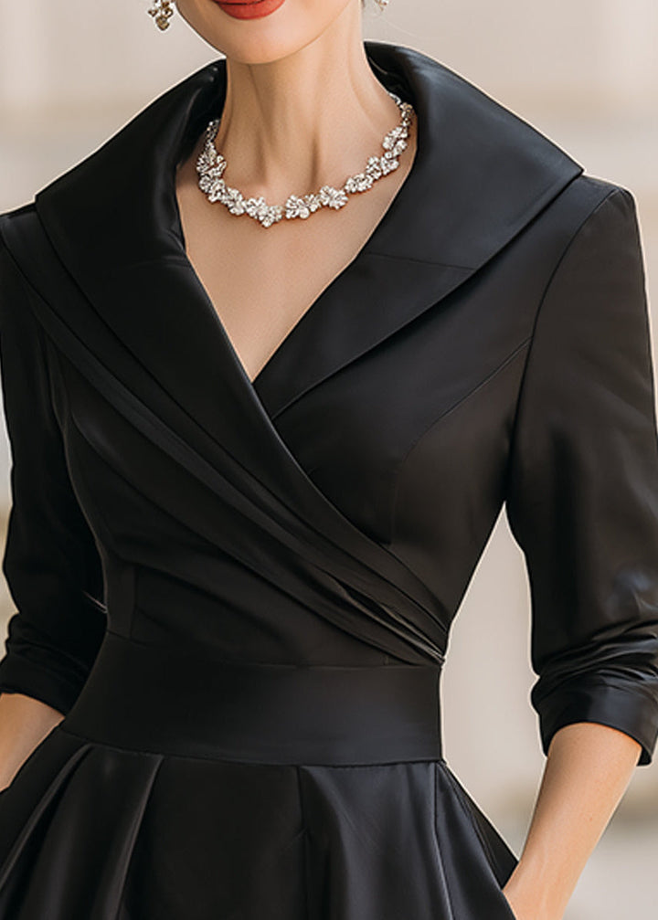 Women's modest midi dress featuring a graceful draped collar, A-line cut, and convenient pockets.