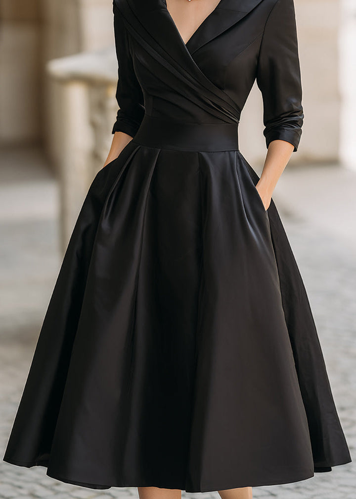 Comfortable women's midi dress with stylish draped collar and essential functional pockets. Elegant & practical.