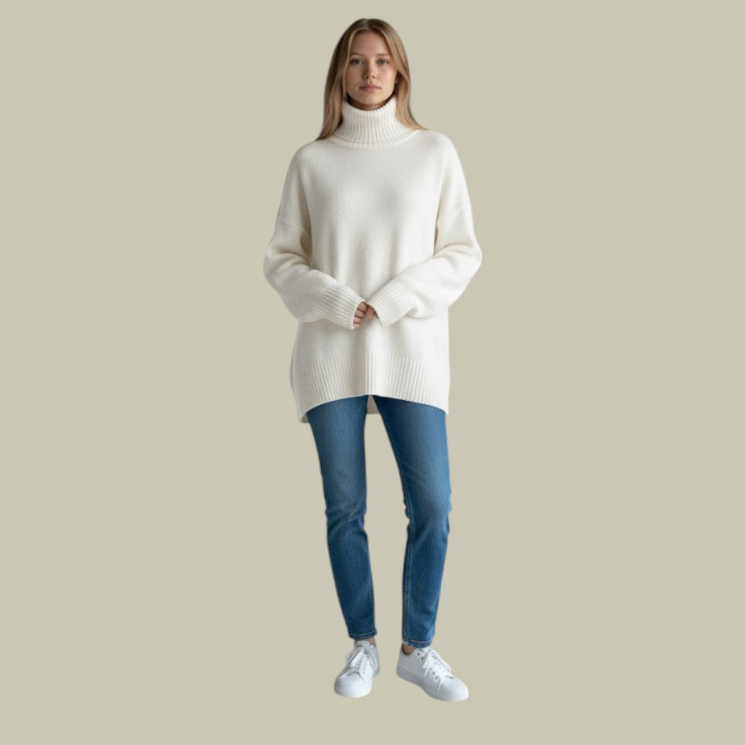 Women's modern relaxed fit turtleneck sweater in soft knit for winter fashion
