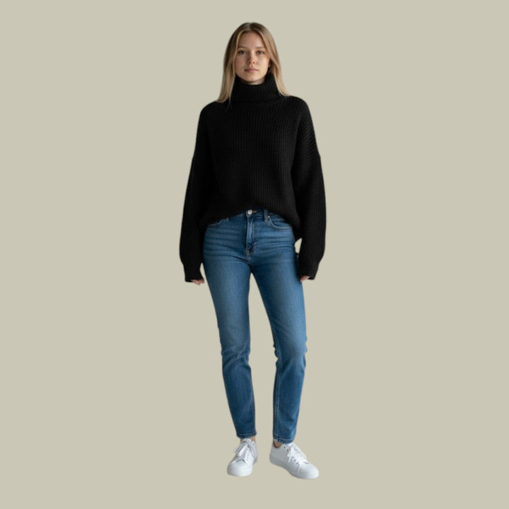 Long sleeve knitwear turtleneck for women, showcasing a relaxed fit style