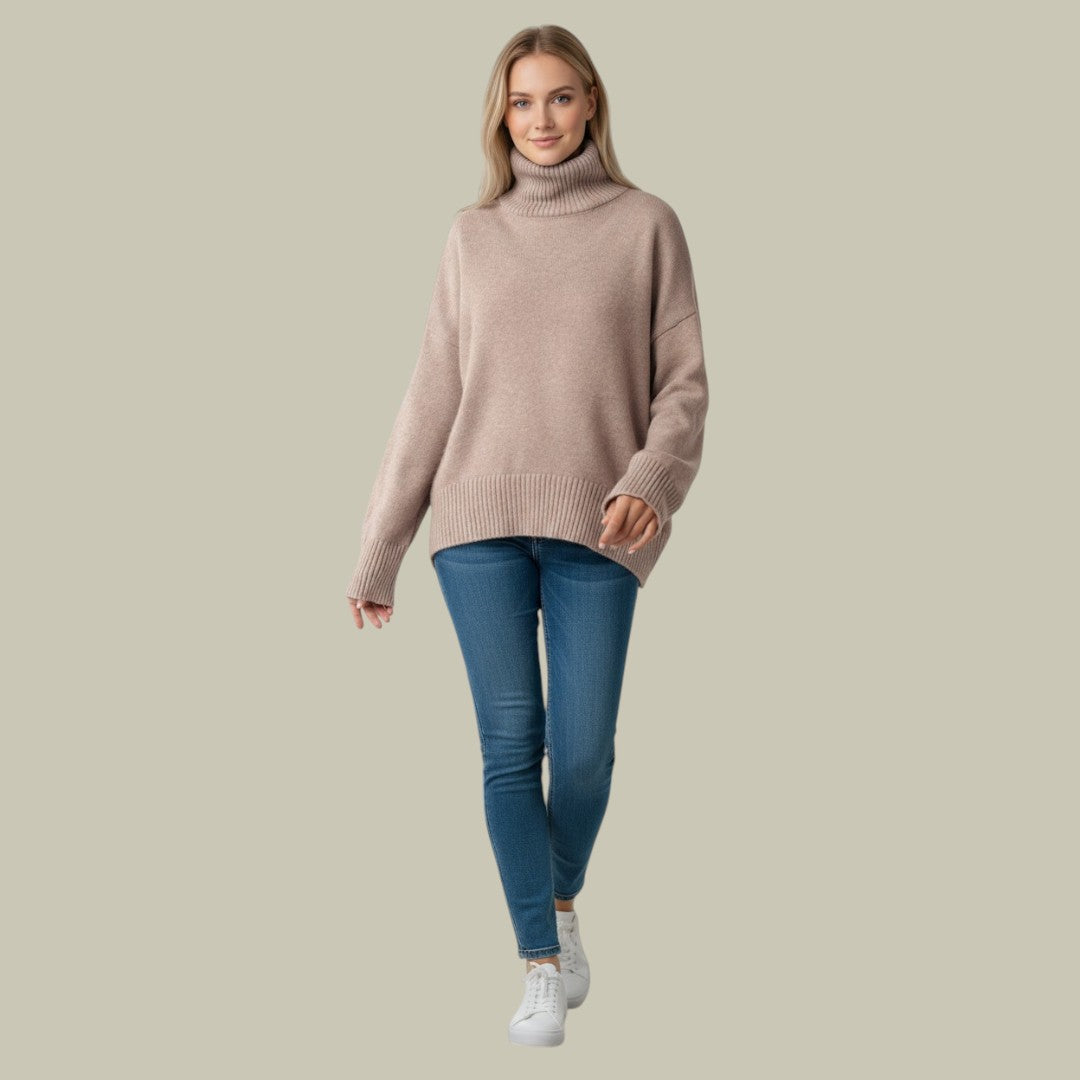 Close-up of a women's relaxed fit turtleneck sweater, highlighting knit texture