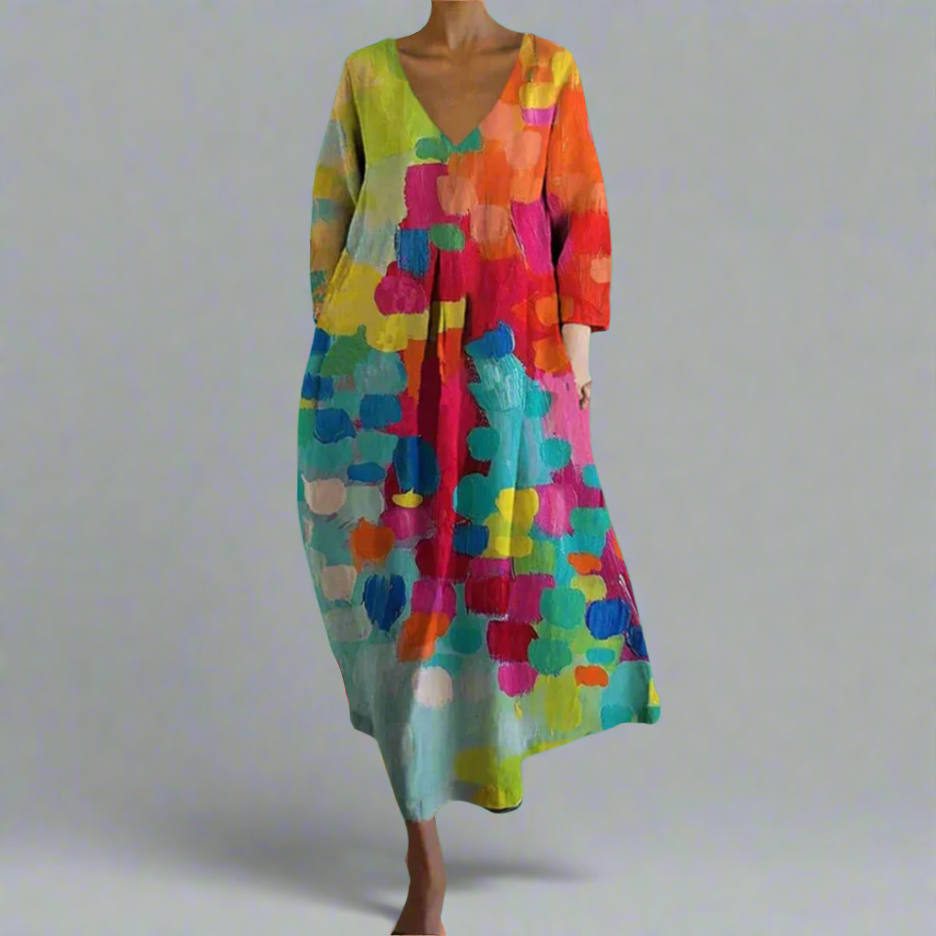 Women's multicolor abstract print maxi dress with V-neck, 3/4 sleeves. Loose, flowy & comfortable summer casual fashion.