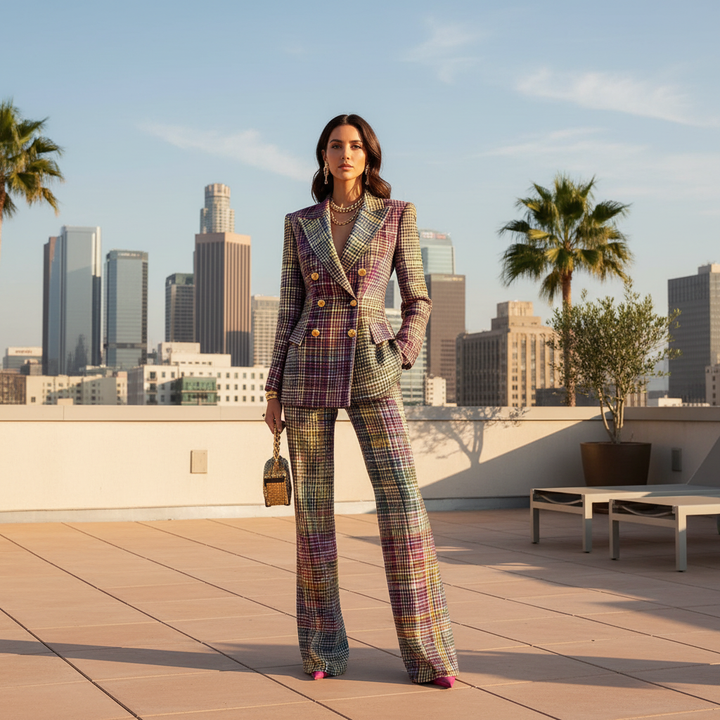 Women's multicolor plaid blazer and wide leg pant set. Professional, elegant two-piece tailored suit for office chic.