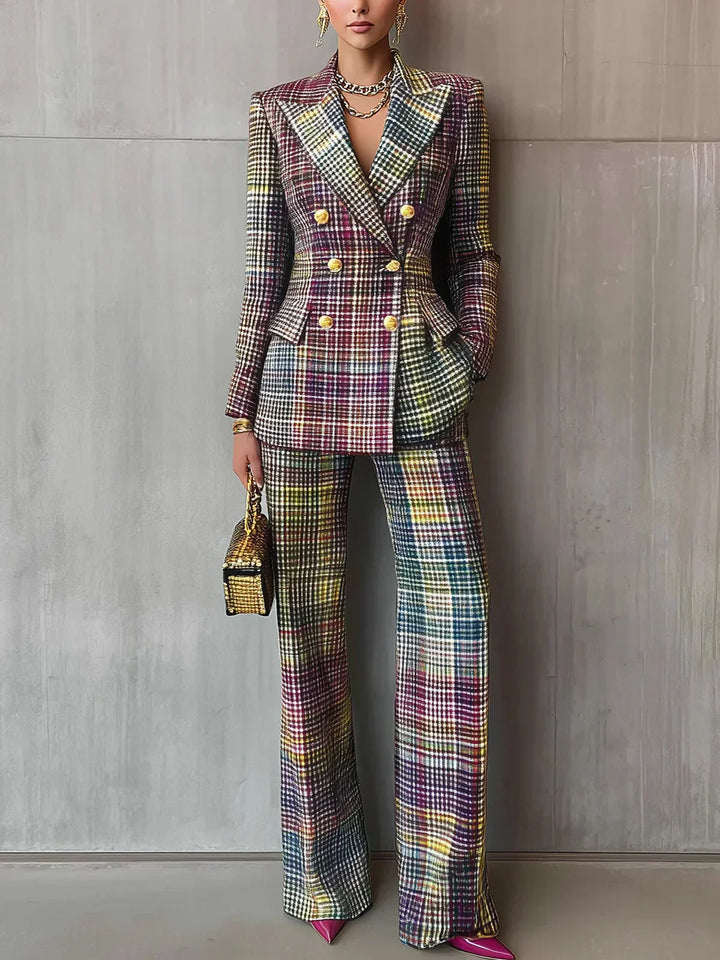 Fashion-forward women's multicolored plaid two-piece set, featuring a blazer and wide leg pants. Perfect for office or formalwear.