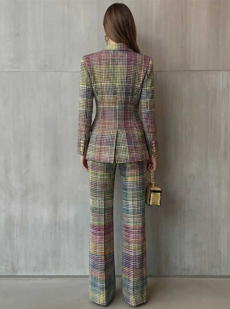 Elegant women's multicolor plaid blazer and wide leg pants set. Tailored for a professional, fashion-forward statement outfit.