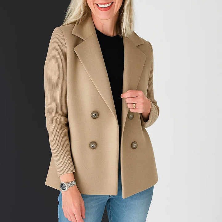 Elegant women's gray knit sweater blazer, a stretch knit layering piece, ideal for workwear.