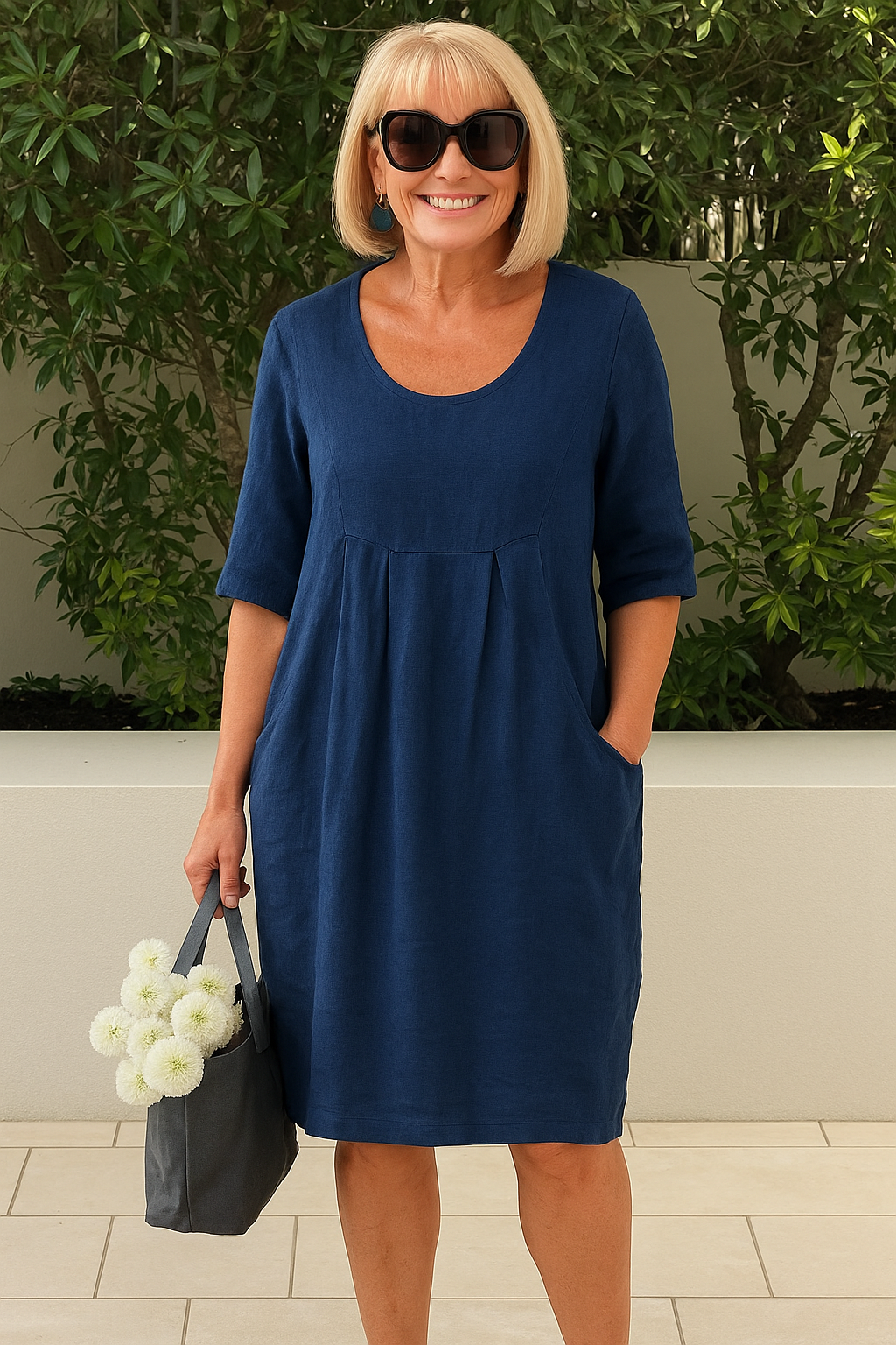 Chic women's pleated midi dress featuring a bust pocket, scoop neck, & short sleeves. Versatile A-line fit.
