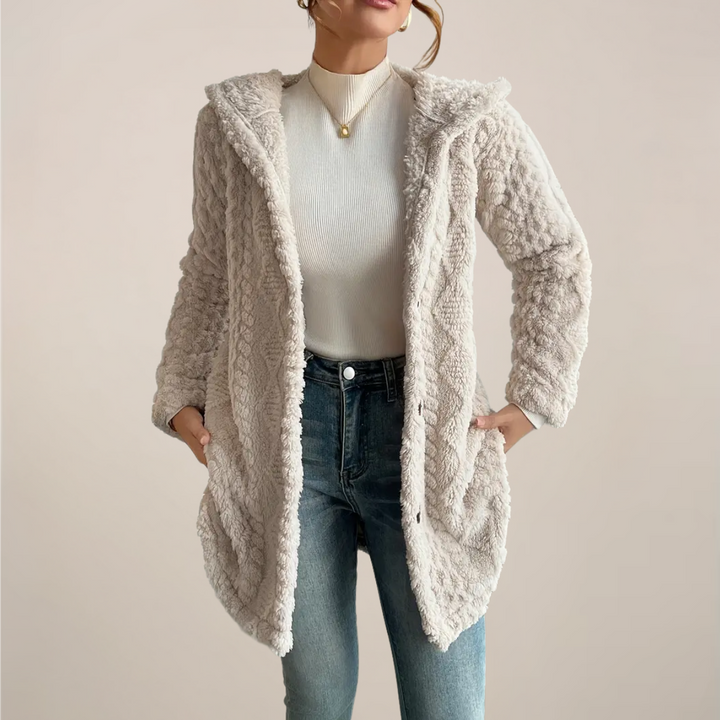 Women's navy textured hooded cardigan, perfect for spring layering and casual wear