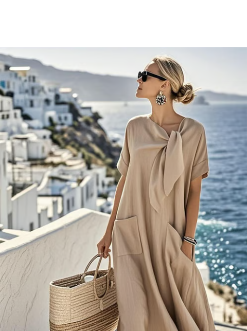 Casual women's short-sleeve tie-neck maxi dress with a loose, comfortable fit and practical pockets for summer.