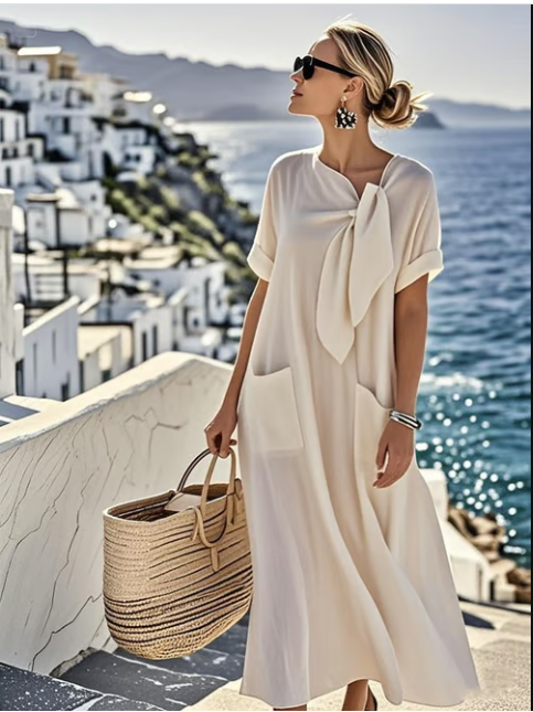 Versatile women's relaxed fit maxi dress featuring a chic tie neck, short sleeves, and handy pockets for everyday style.