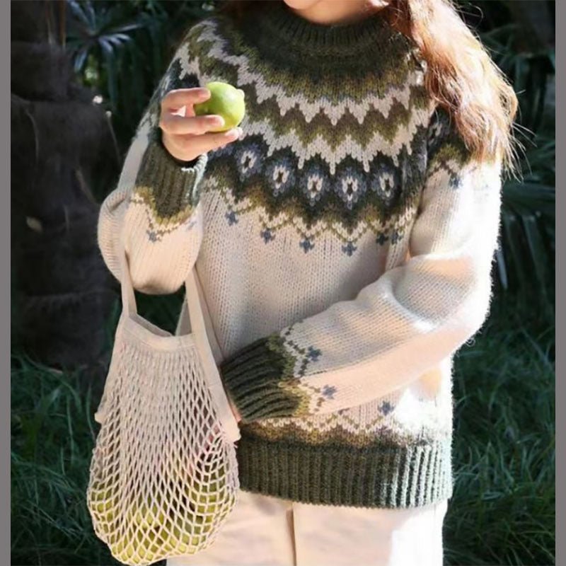 Women's Nordic pattern sweater, cozy knit, long sleeve, crew neck for winter fashion