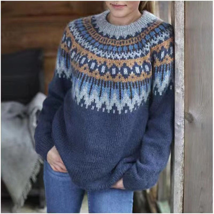 Women's winter sweater with traditional Nordic design, long sleeve, crew neck