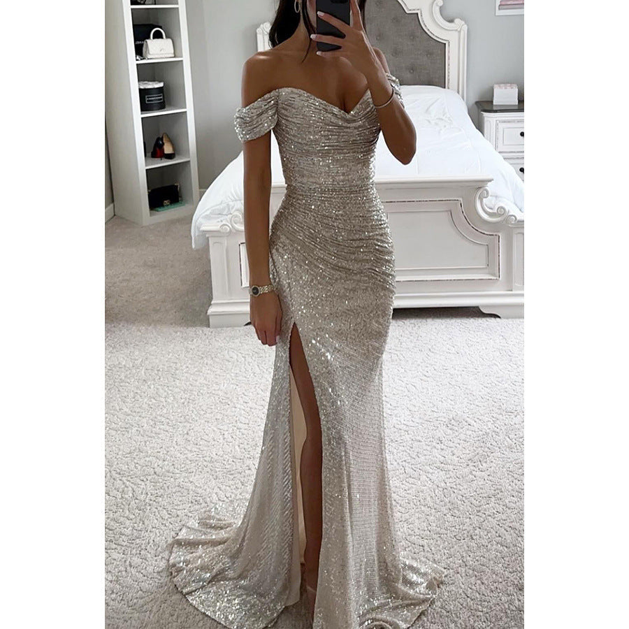 Formal women's off-shoulder sequin evening gown. Maxi dress with high slit for elegant occasions.