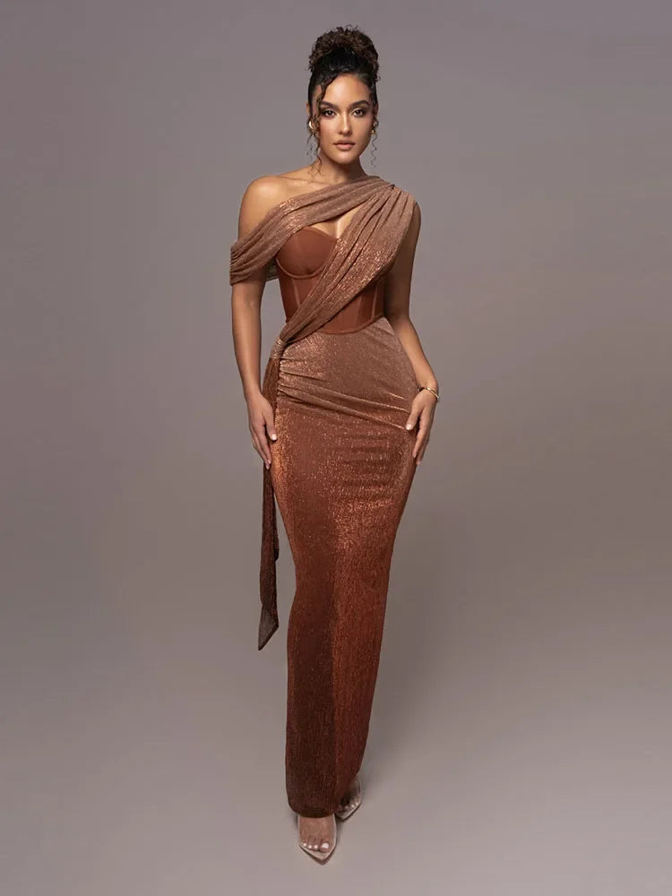 Women's one-shoulder metallic evening dress, elegant for formal events & parties