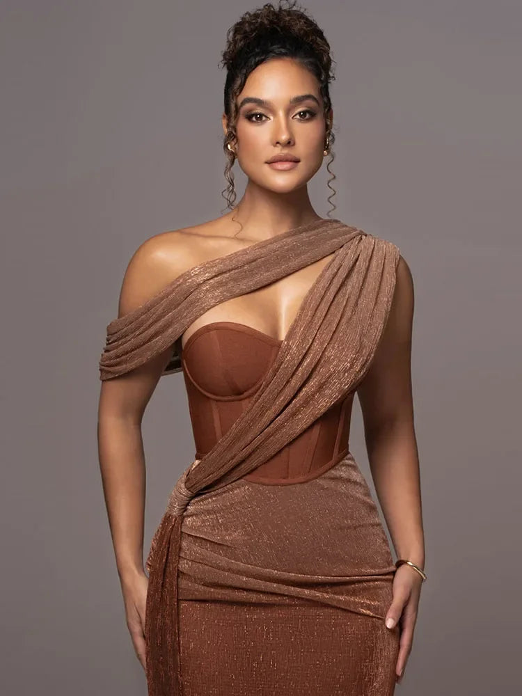 Stylish women's metallic party dress with single shoulder design, formal attire