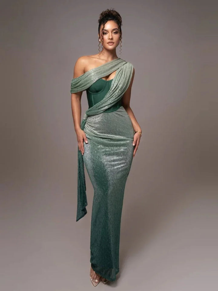 Elegant women's metallic evening gown, one-shoulder style for sophisticated look