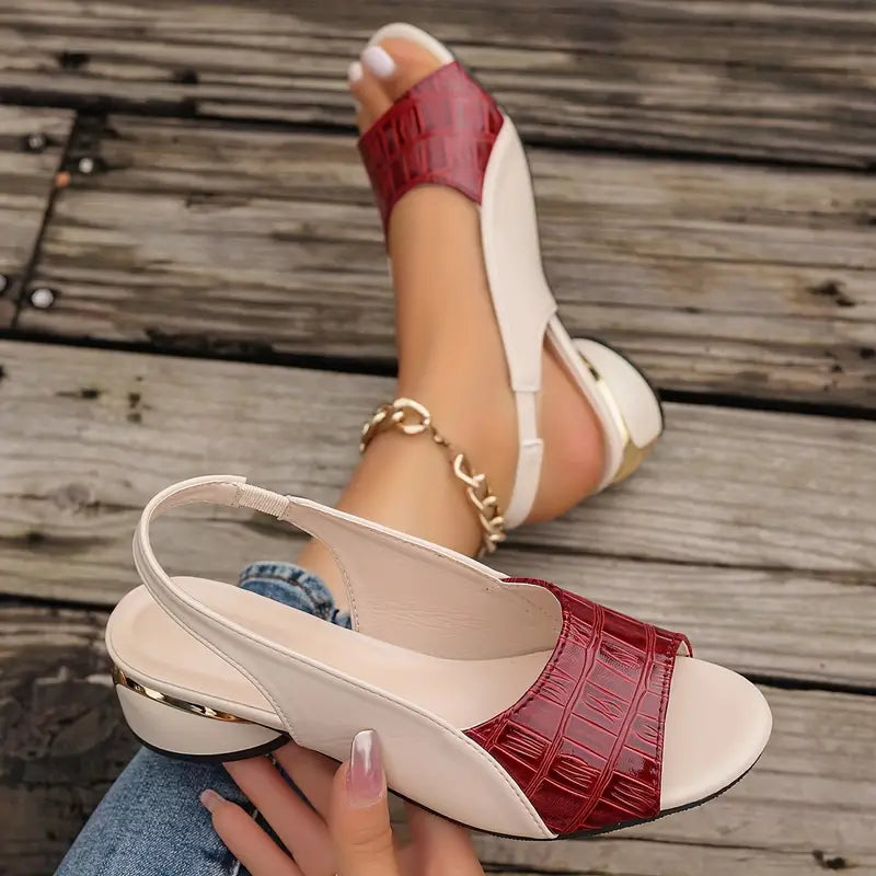 Stylish red open toe slingback block heel sandals for women, versatile summer fashion.
