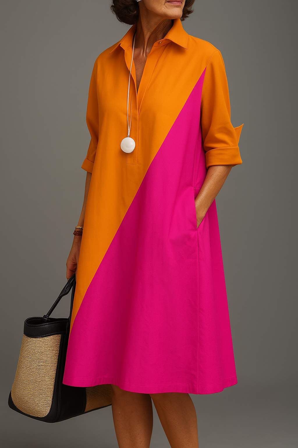 Women's orange & pink diagonal colorblock collared A-line midi dress. Elegant spring/summer fashion.