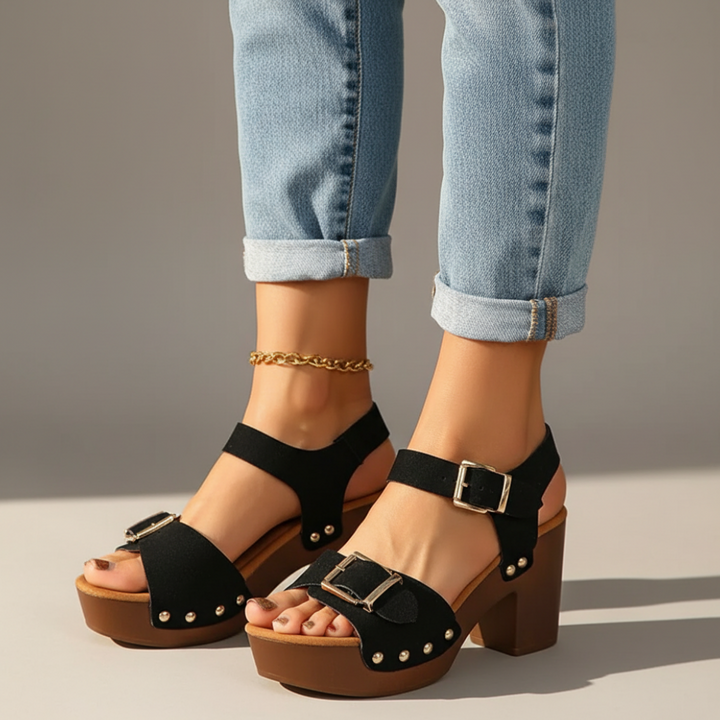 Comfortable orthopedic summer sandals for women with block heel & adjustable ankle strap.
