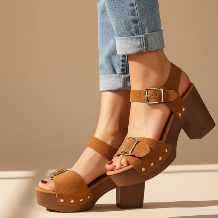 Orthopedic summer sandals for women, featuring a sturdy block heel and elegant rivet detail.