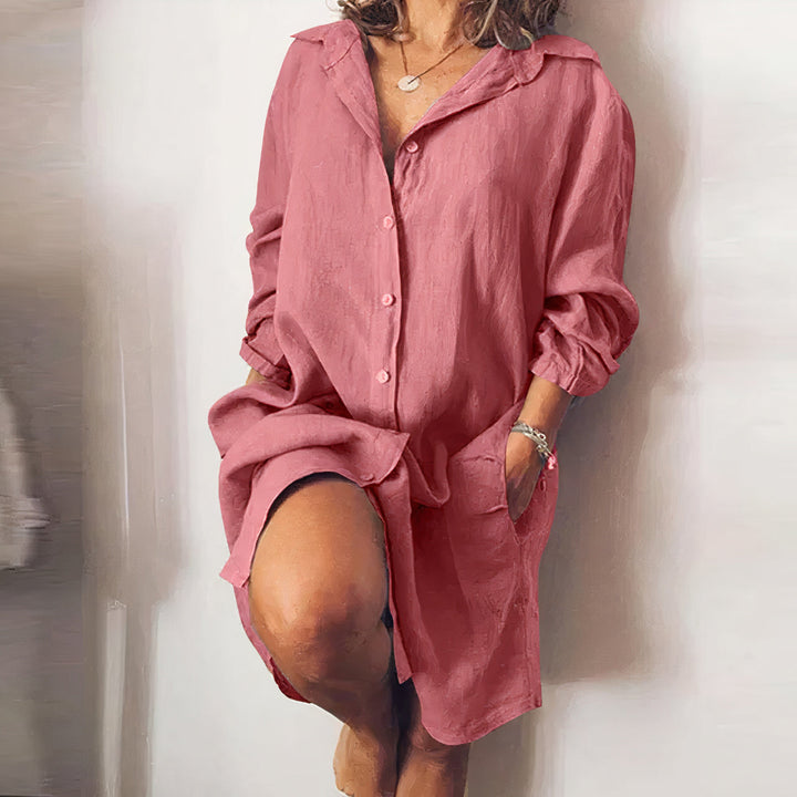 Stylish women's button-down midi shirt dress with an oversized fit, great for everyday casual fashion.