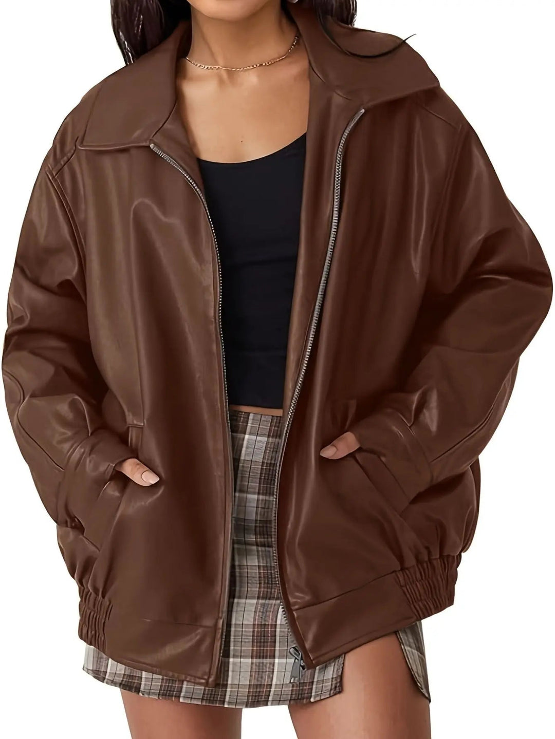 Women's oversized faux leather bomber jacket, black, for fall/winter fashion