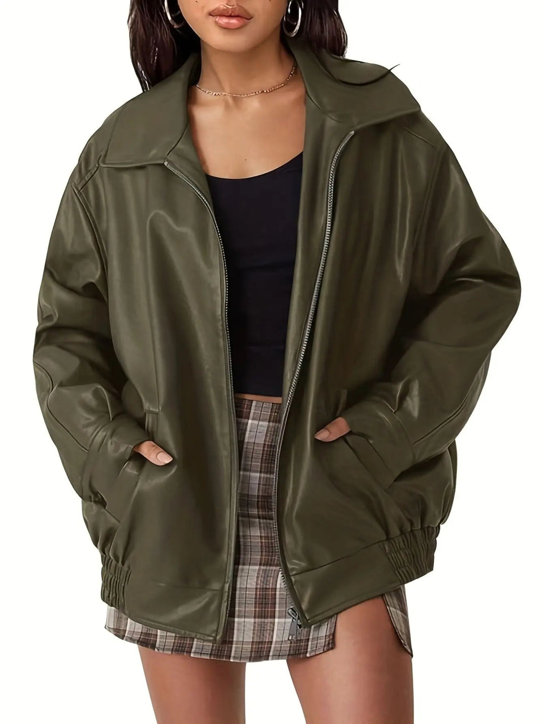 Black faux leather bomber jacket, women's oversized fit, trendy fall fashion