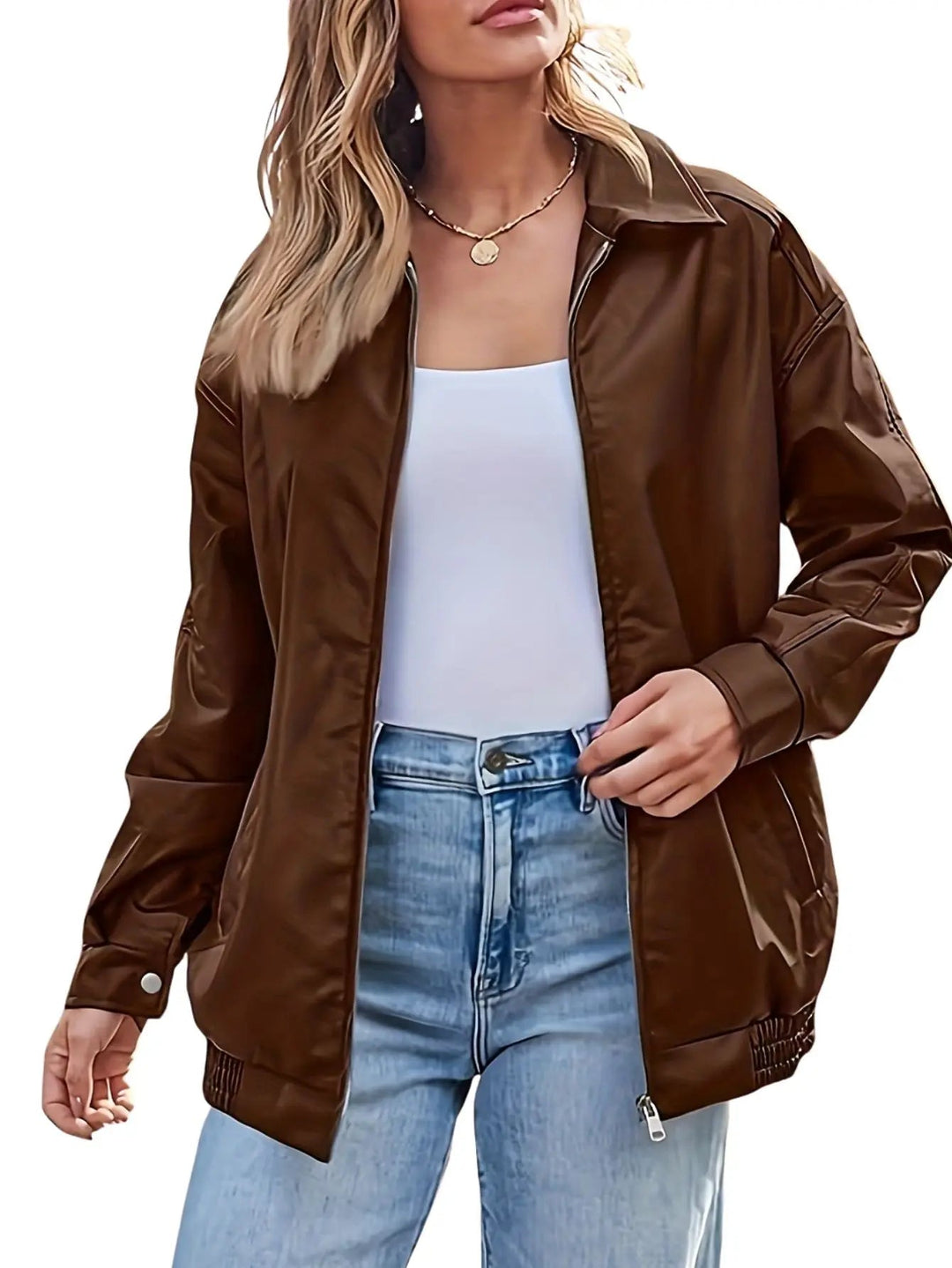 Fashionable women's faux leather bomber, oversized and stylish outerwear