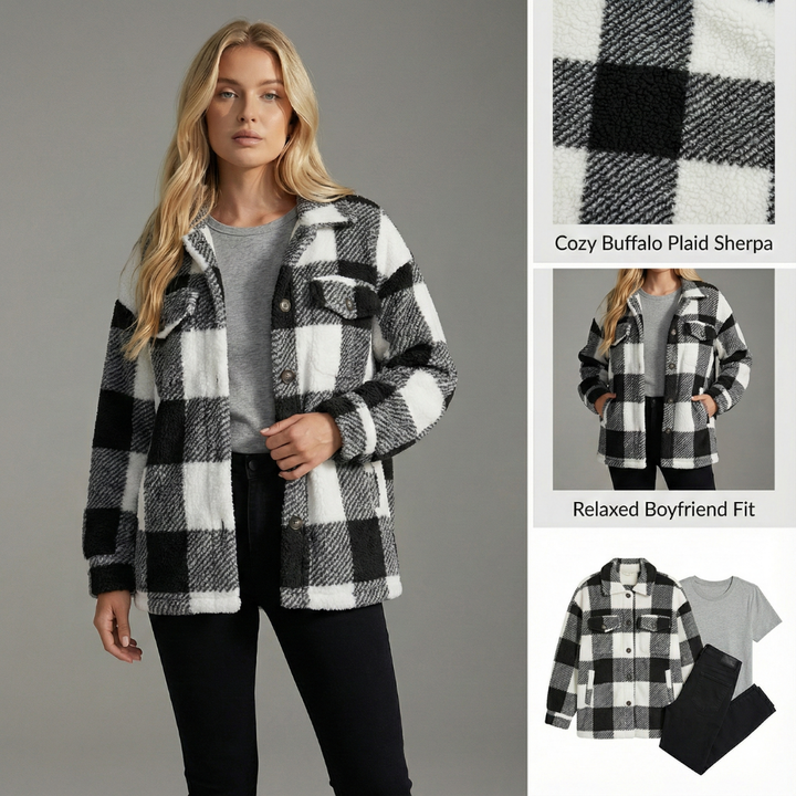 Women's oversized fleece plaid shacket, cozy button-up jacket for fall winter.
