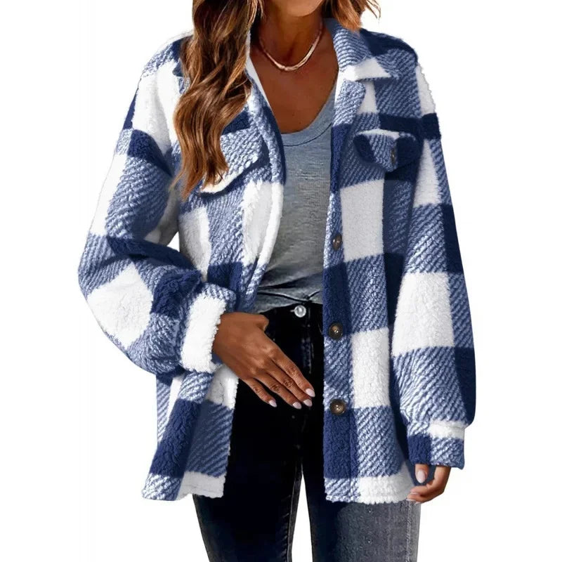 Soft women's oversized fleece plaid shacket, button-up, excellent casual wear.