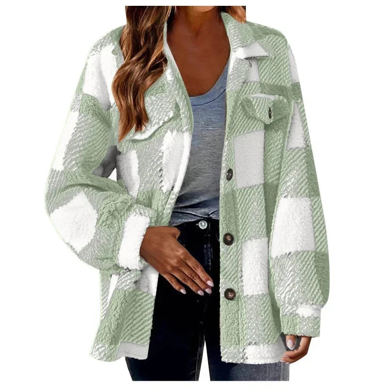 Versatile women's oversized fleece plaid shacket, cozy outerwear for chilly days.