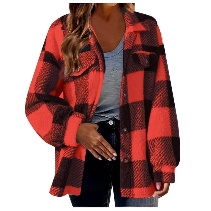 Women's oversized plaid shacket, cozy fleece button-up, streetwear essential.