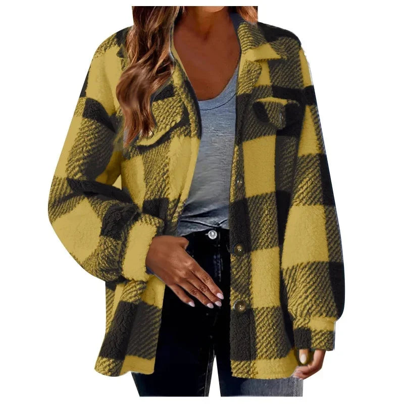 Warm women's button-up fleece plaid shacket, oversized for ultimate comfort.