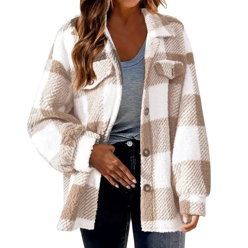 Fall winter women's oversized fleece plaid shacket, cozy and stylish outerwear.