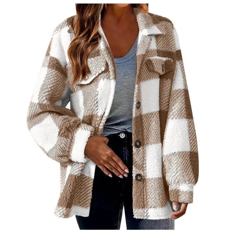 Women's oversized fleece plaid shacket, a cozy warm top for casual occasions.